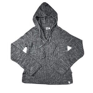 Roxy Hooded Knit Sweater Women's L Gray Surf Y2K Boho Coastal Beach Hoodie